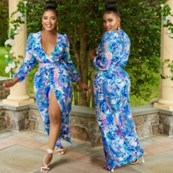 Women Sexy V-Neck Printed Long Sleeve Lace-Up Dress