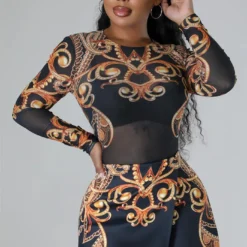 Women's Fashionable Sexy Printed See-Through Mesh Bodysuit Shorts Two-Piece Set -Deals Toggenix Store 6e4d010362b67631