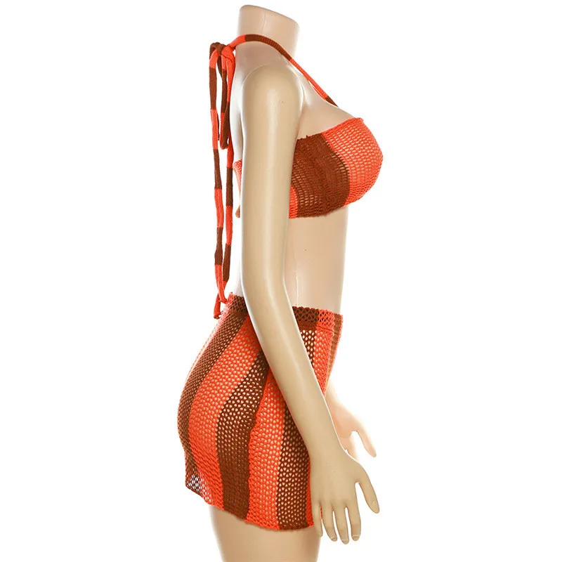 Summer Women's Sexy Hollow Contrast Color Strapless Tank Top High Waist Bodycon See-Through Skirt Set 18 Summer Women's Sexy Hollow Contrast Color Strapless Tank Top High Waist Bodycon See-Through Skirt Set - Image 18