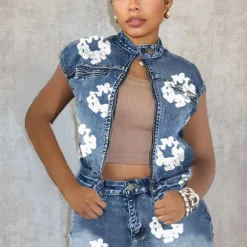Casual Women's Clothing Style Printed Elastic Denim Skirt Sleeveless Vest Set -Deals Toggenix Store 6f16ce811619fb4e