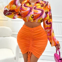 Fashionable And Sexy Women's Autumn And Winter Print Open Waist Long-Sleeved Shirt Knitting Skirt Suit For Women -Deals Toggenix Store 6f3607673a994813