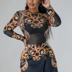 Women's Fashionable Sexy Printed See-Through Mesh Bodysuit Shorts Two-Piece Set -Deals Toggenix Store 70016101a6713ac3