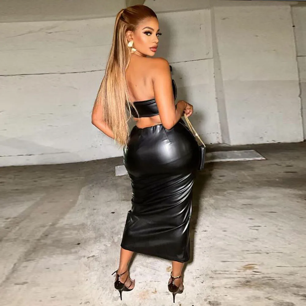 Sexy Leather Metal Buckle Tight Fitting Bodycon Skirt Set 3 Sexy Leather Metal Buckle Tight Fitting Bodycon Skirt Set - Image 3