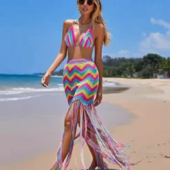 Women Sexy Crocheted Wave Pattern Fringed Beach Cover-up Dress Two-piece Set -Deals Toggenix Store 702f3af0eb9a5860