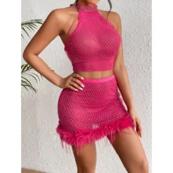 Women's Fishnet See-Through Sexy Halter Neck Vest Plush Skirt 2-Piece Set