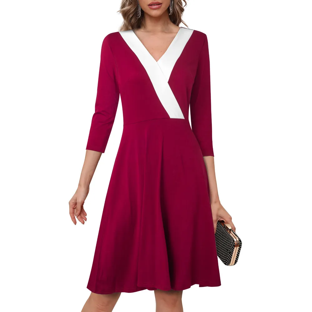 Mid Waist V Neck Color Block Zip Chic Career Fashionable Women Comfort Casual Dress 11 Mid Waist V Neck Color Block Zip Chic Career Fashionable Women Comfort Casual Dress - Image 11