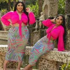 Women'S Fashion Solid Long Sleeve Tied Shirt Multi-Color Print Bodycon Skirt Two-Piece Set -Deals Toggenix Store 71e2af5d3dcd73af