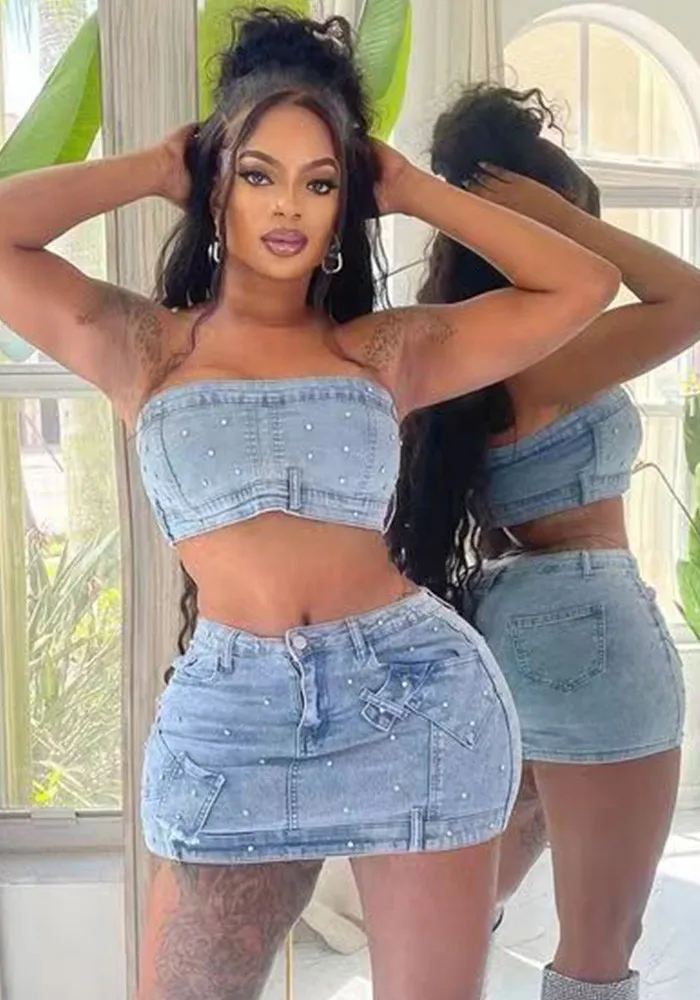Fashionable Women's Clothing Beaded Strapless Stretch Denim Two Piece Skirt Set 8 Fashionable Women's Clothing Beaded Strapless Stretch Denim Two Piece Skirt Set - Image 8