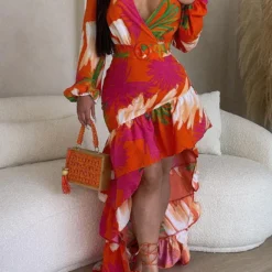 Women Long Sleeve Fishtail Print Dress