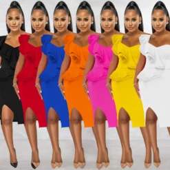 Fashion Casual Ruffle Slit One Shoulder Sleeve Dress Women -Deals Toggenix Store 72cfa76538e80341