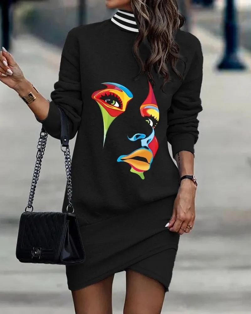 Women Fall Long Sleeve High Neck Print Casual Dress 12 Women Fall Long Sleeve High Neck Print Casual Dress - Image 12