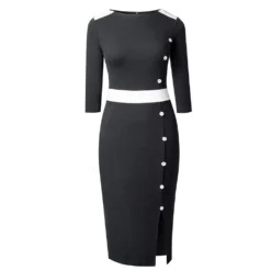 Chic Patchwork Round Neck Midi Colorblock Button Slit Bodycon Career Dress -Deals Toggenix Store 738456200b5d5104