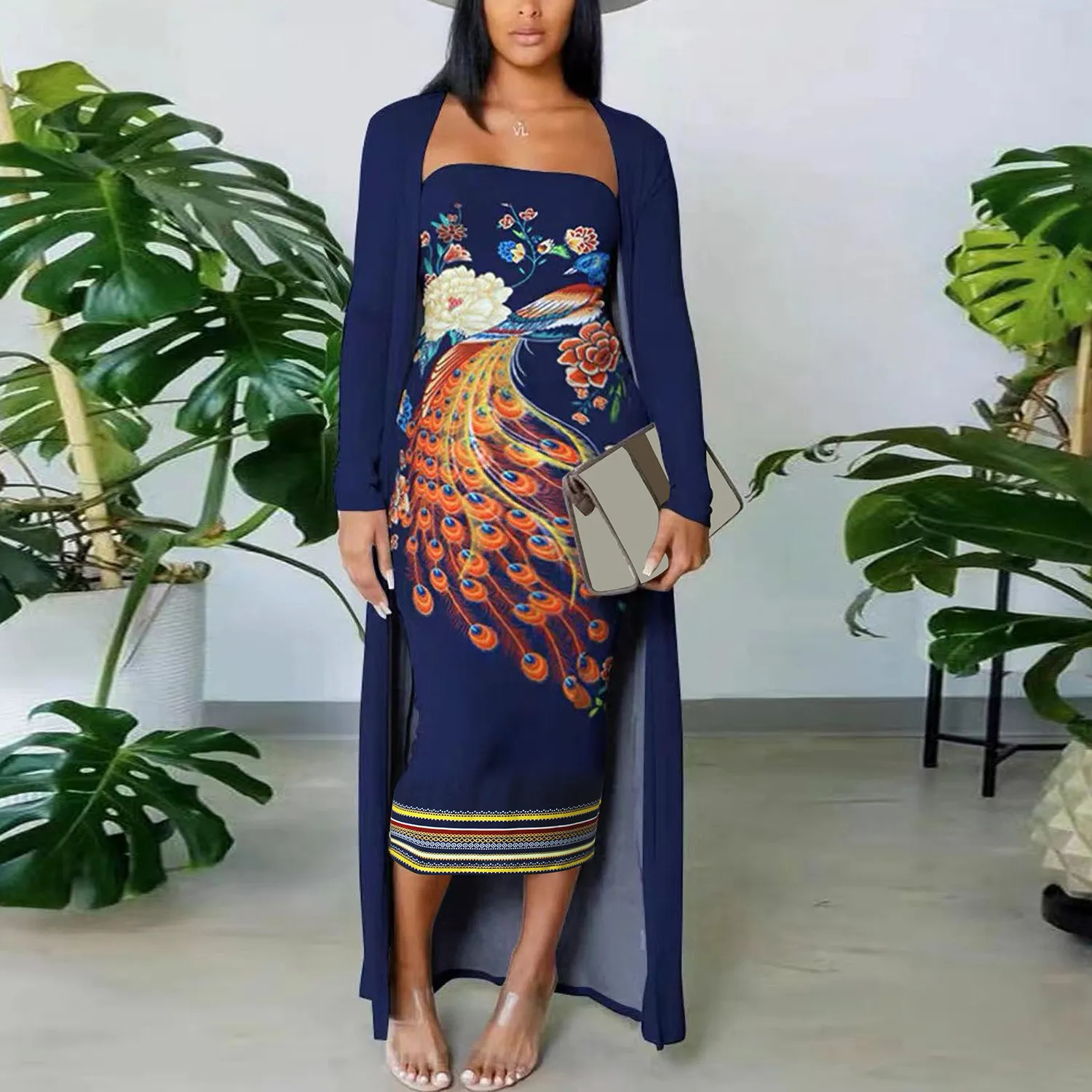 Strapless Printed Dress Long Jacket Two-Piece Set For Women 13 Strapless Printed Dress Long Jacket Two-Piece Set For Women - Image 13