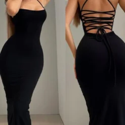 Women Spring Summer Sexy Backless Lace-Up Solid Dress