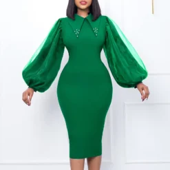 Women'S Spring Autumn Long Sleeve Plus Size Beaded Mesh Patchwork Career Bodycon Pencil Dress -Deals Toggenix Store 744875a7381ef4a9