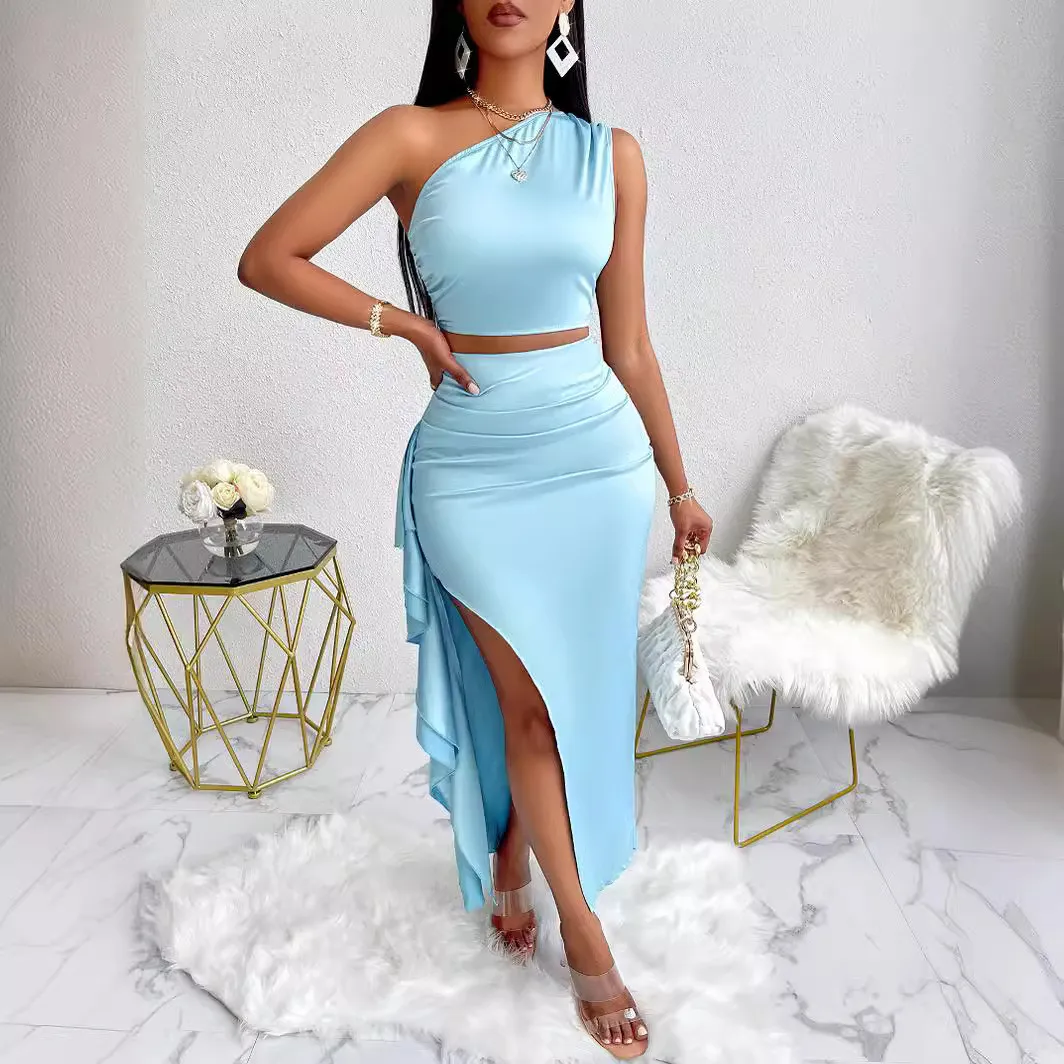 Women Summer Sexy Solid One-Shoulder Top And Ruffled Skirt Two-piece Set 3 Women Summer Sexy Solid One-Shoulder Top And Ruffled Skirt Two-piece Set - Image 3