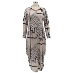 Women Letter Irregular Print Turndown Collar Long Sleeve Maxi Dress -Deals Toggenix Store 74def38530914ba2