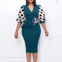 Plus Size Women'S Fashion Dot Mesh Patchwork V Neck Chic Career Bodycon Dress -Deals Toggenix Store 7553219994935771