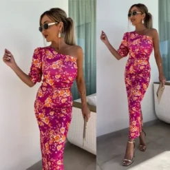 Women Summer Slash Shoulder Stretch Slit Printed Bodycon Dress -Deals Toggenix Store 764b6848e9f9bee8