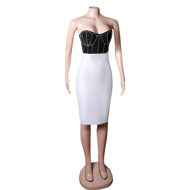 Spring Strapless Tight Fitting Dress Black & White Patchwork Bandage Dress Chic Diamond-Encrusted Dress 4 Spring Strapless Tight Fitting Dress Black & White Patchwork Bandage Dress Chic Diamond-Encrusted Dress - Image 4