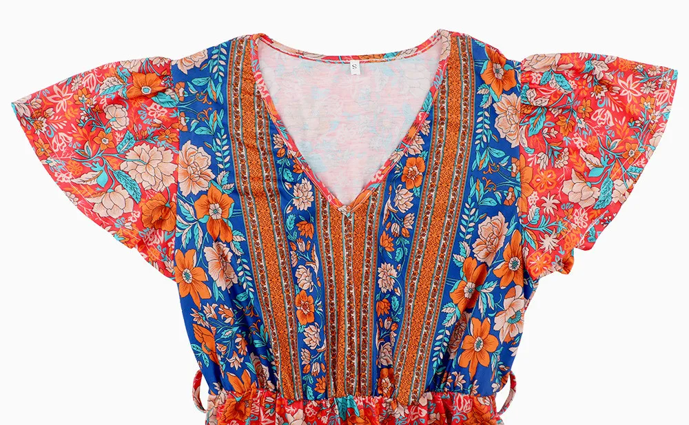 Women's Summer V-Neck Ruffle Sleeve Floral Print Long Dress 6 Women's Summer V-Neck Ruffle Sleeve Floral Print Long Dress - Image 6