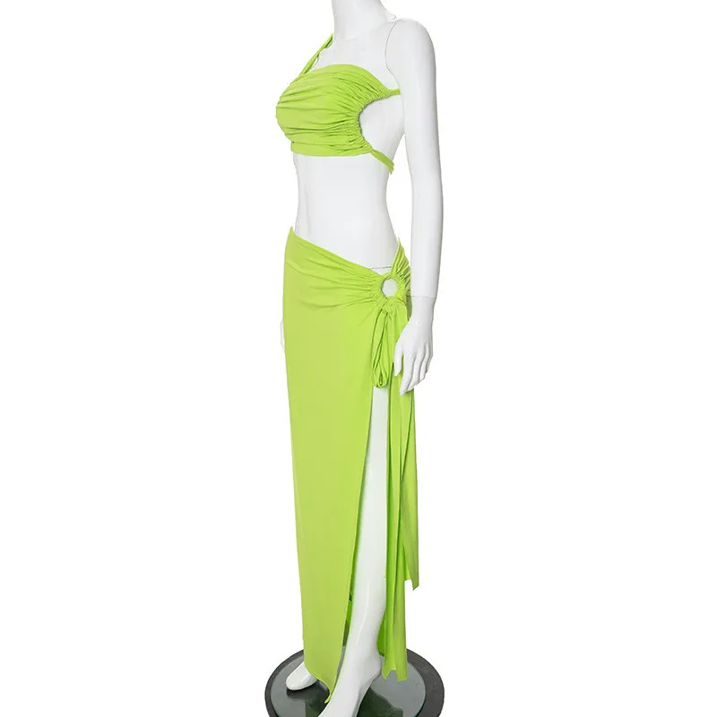 Women Summer Solid Gathered Backless Top And Slit Skirt Casual Two-piece Set 12 Women Summer Solid Gathered Backless Top And Slit Skirt Casual Two-piece Set - Image 12