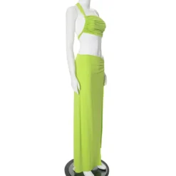 Women Summer Solid Gathered Backless Top And Slit Skirt Casual Two-piece Set