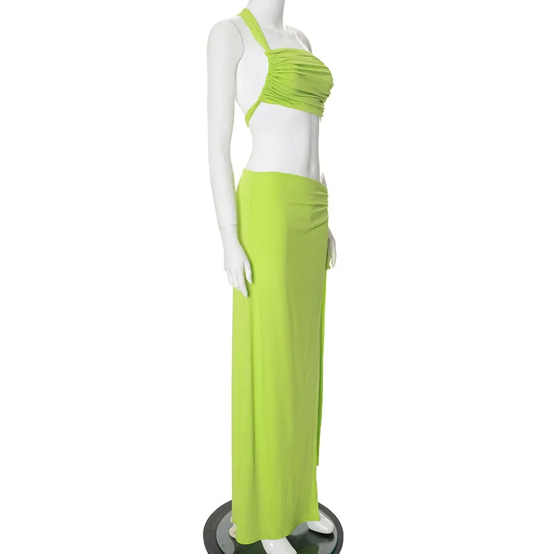 Women Summer Solid Gathered Backless Top And Slit Skirt Casual Two-piece Set 1 Women Summer Solid Gathered Backless Top And Slit Skirt Casual Two-piece Set