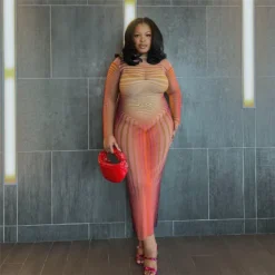 Women's Summer Round Neck Pullover Striped Mesh Print See-Through Sexy Slim Bodycon Dress -Deals Toggenix Store 7aae34b6f1ed03f6