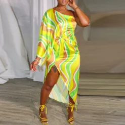 Sexy Printed Asymmetrical Slash Shoulder Slit Dress
