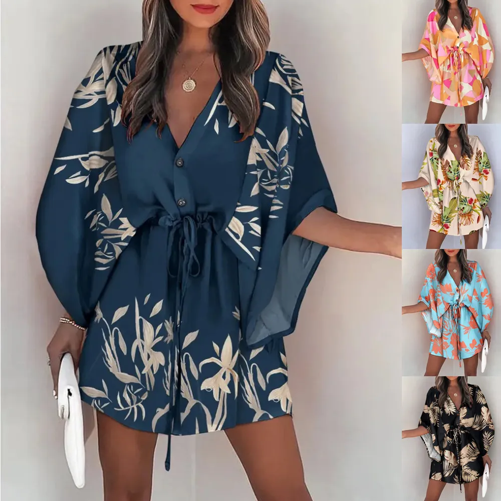 Summer Loose Sleeve V-Neck Casual Holidays Dress With Belt 13 Summer Loose Sleeve V-Neck Casual Holidays Dress With Belt - Image 13