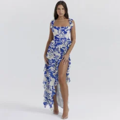 Sexy Printed Ruffle Strap Slit Long Dress -Deals Toggenix Store 7c6534d9047a19bf