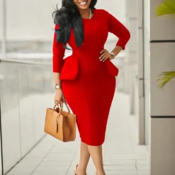 Summer Women's Solid Color Round Neck OL Professional Peplum Dress