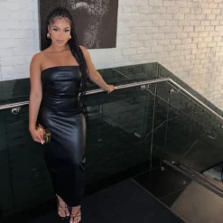 Women's Clothing Pu Leather Strapless Slit Long Dress