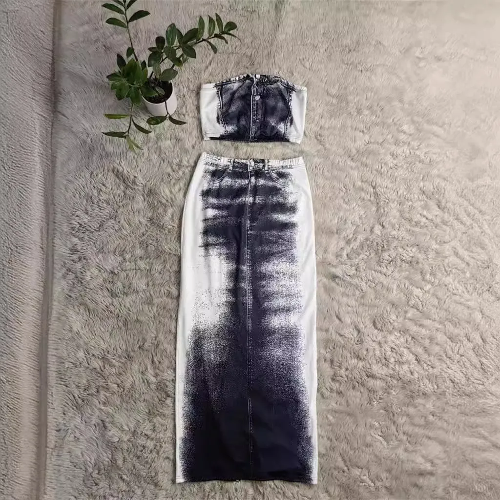 Women Sexy Retro Print Strapless Top And Bodycon Slit Skirt Two-piece Set 2 Women Sexy Retro Print Strapless Top And Bodycon Slit Skirt Two-piece Set - Image 2