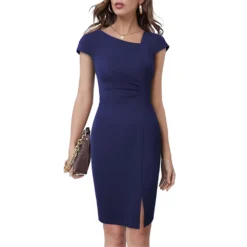 Summer Slash Shoulder Short Sleeve Pleated Solid Mid Rise Slit Bodycon Dress -Deals Toggenix Store 7e91232ba2e4d3c8