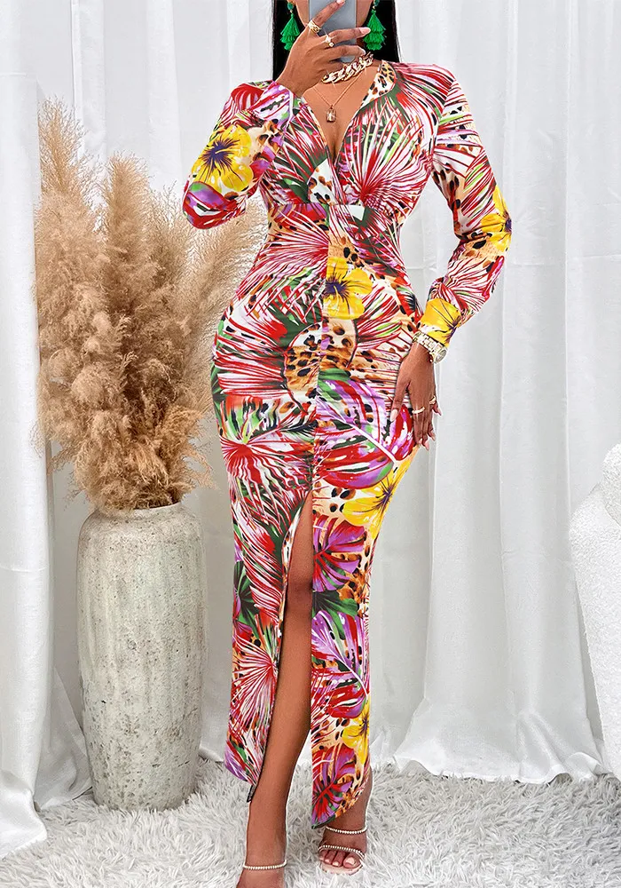 Women Sexy Printed V-neck Slit Long-sleeved Dress 1 Women Sexy Printed V-neck Slit Long-sleeved Dress