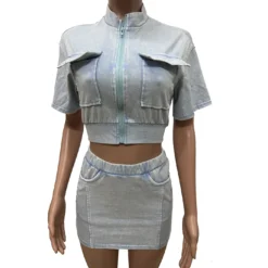 Women Casual Washed Patchwork Pocket Top And Skirt Two-piece Set -Deals Toggenix Store 8032c40388dcb275