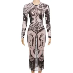 Autumn Women 's Sexy Digital Print Mesh High Waist Slim Long Dress -Deals Toggenix Store 808b36a427564390