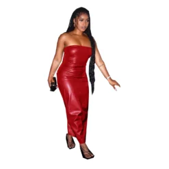 Women's Clothing Pu Leather Strapless Slit Long Dress -Deals Toggenix Store 80dd5fc722b6680a