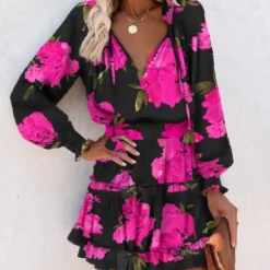 Spring Summer Long Sleeve V Neck Fashion Print Slim Waist Dress For Women -Deals Toggenix Store 80e1dc55e447b7da