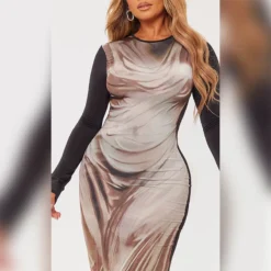 Women's Spring And Summer Fashion Round Neck Printed Long Sleeve Slim Waist Bodycon Dress -Deals Toggenix Store 810a51cd99655914