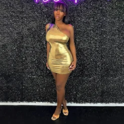 Women Fashion Style Slash Shoulder Shiny High Stretch Nighclub Bodycon Dress -Deals Toggenix Store 81bca81cc4c3fc0f