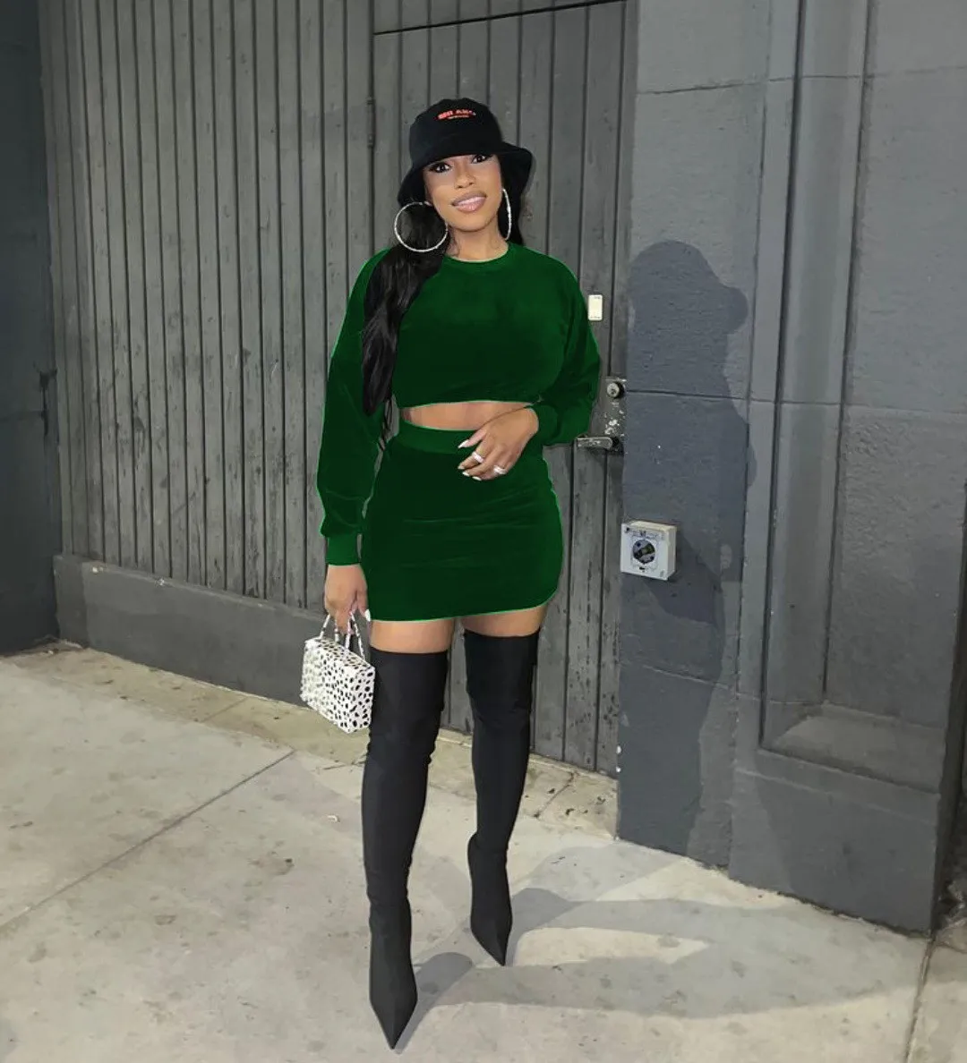Women Velvet Long Sleeve Top And Mini Skirt Two Piece Set 5 Women Velvet Long Sleeve Top And Mini Skirt Two Piece Set - Image 5