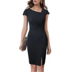 Summer Slash Shoulder Short Sleeve Pleated Solid Mid Rise Slit Bodycon Dress -Deals Toggenix Store 82832de305376602