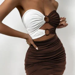 Summer And Autumn Colorblock Women's Dress Sexy Slim Hollow Sleeveless Bodycon Dress