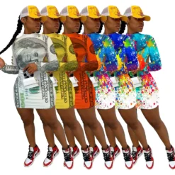 Cool Graffiti Bill Print Long Sleeve Low Back Nightclub Dress