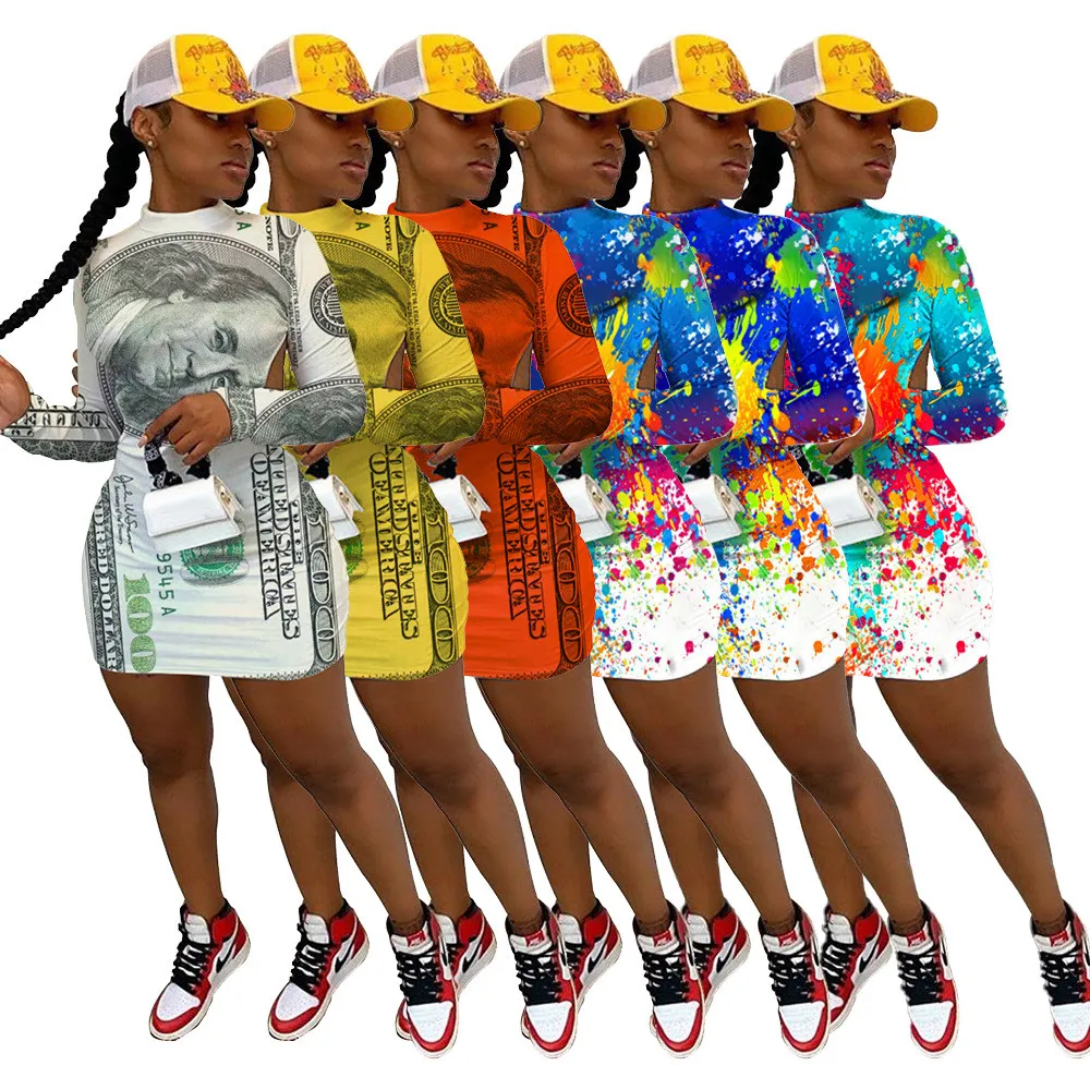 Cool Graffiti Bill Print Long Sleeve Low Back Nightclub Dress 1 Cool Graffiti Bill Print Long Sleeve Low Back Nightclub Dress