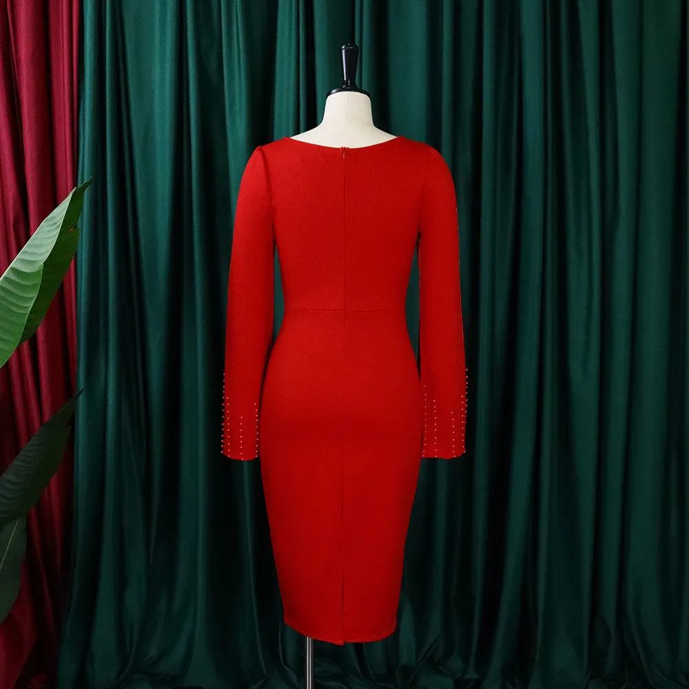 Plus Size Women Beaded Cape Knot Solid Dress 11 Plus Size Women Beaded Cape Knot Solid Dress - Image 11