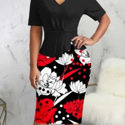 Sexy Fashionable Digital Printed Short-Sleeved V-Neck Career Women's Dress